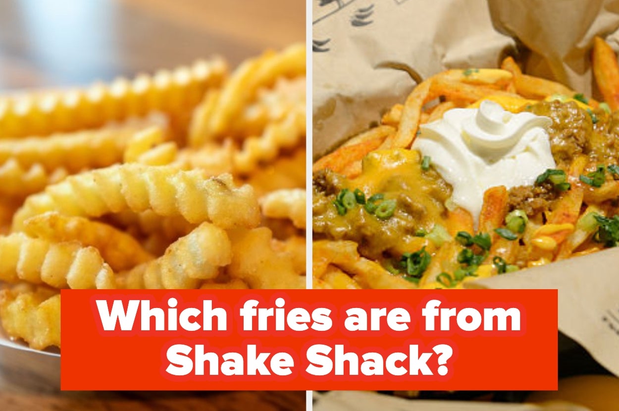 Crinkle-cut fries with cheese and chives on one side, plain crinkle-cut fries on the other, with text asking which are from Shake Shack