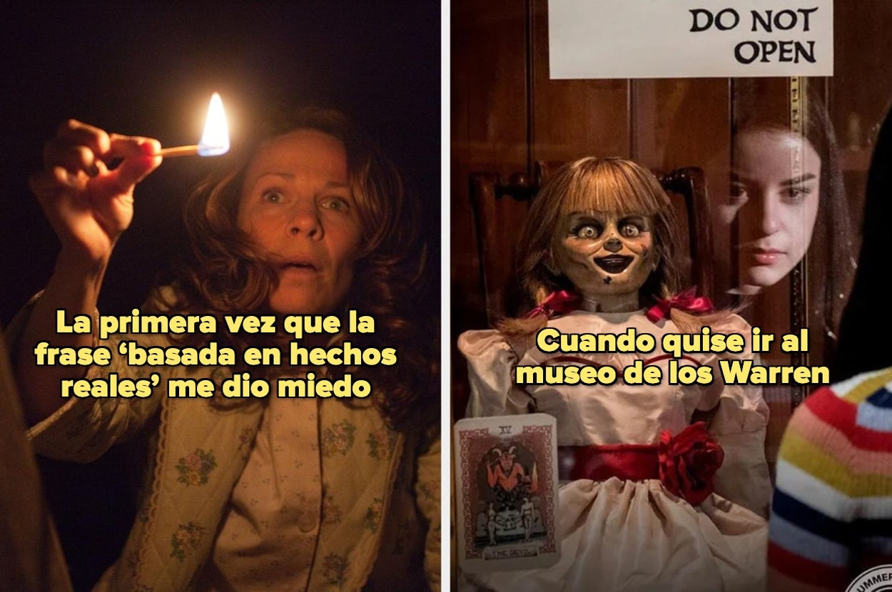 On the left, a woman with a candle looks startled. On the right, a girl peers at a creepy doll in a museum. Text references "based on real events."