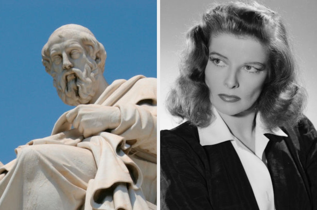 Left: Statue of an ancient philosopher with a thoughtful expression. Right: Black-and-white portrait of a woman with vintage hairstyle and classic attire