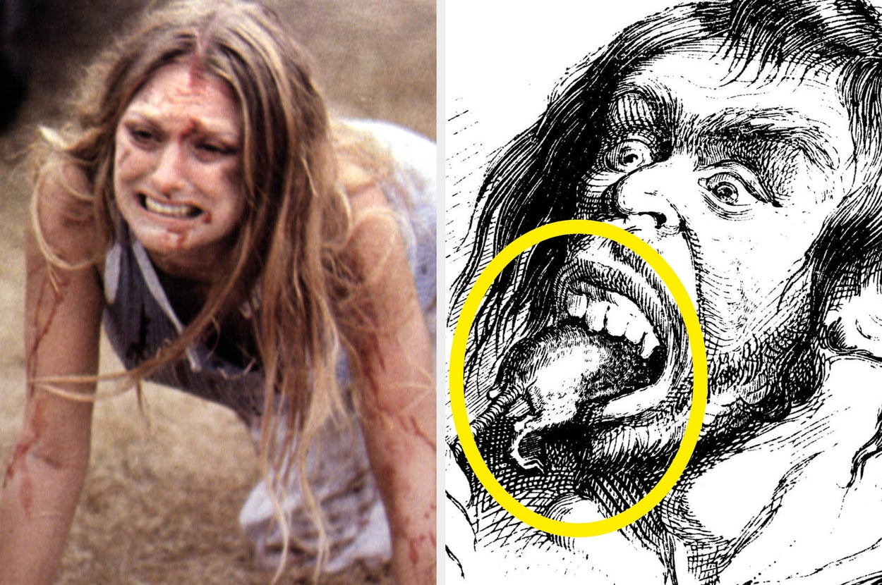 Left: Woman with disheveled hair, appearing distressed, crawls on the ground. Right: Detailed, expressive drawing of a person with an open mouth