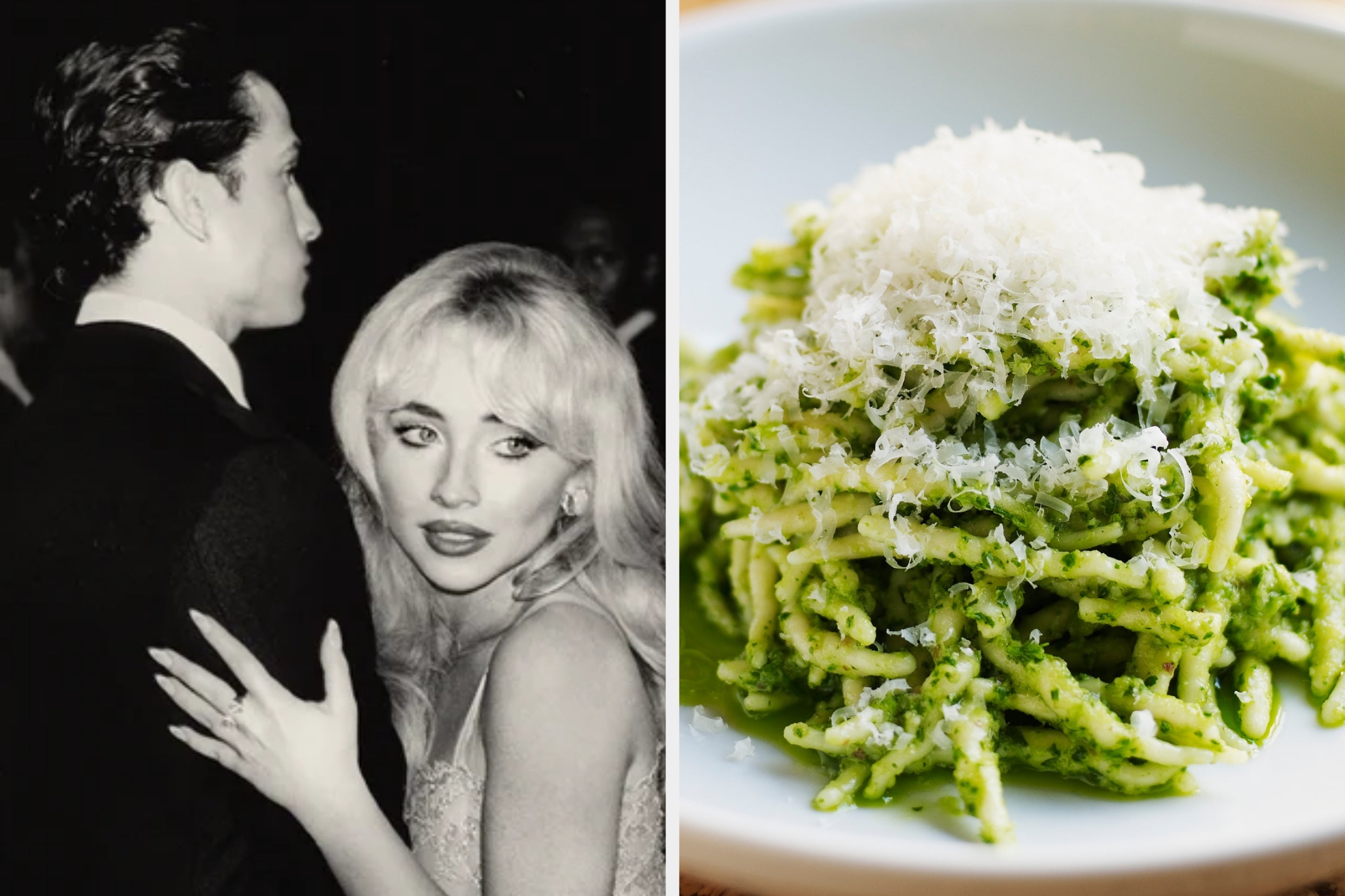 On the left, Sabrina Carpenter with her arm wrapped around a man's on an alternate cover of Man's Best Friend, and on the right, pesto pasta topped with parmesan cheese