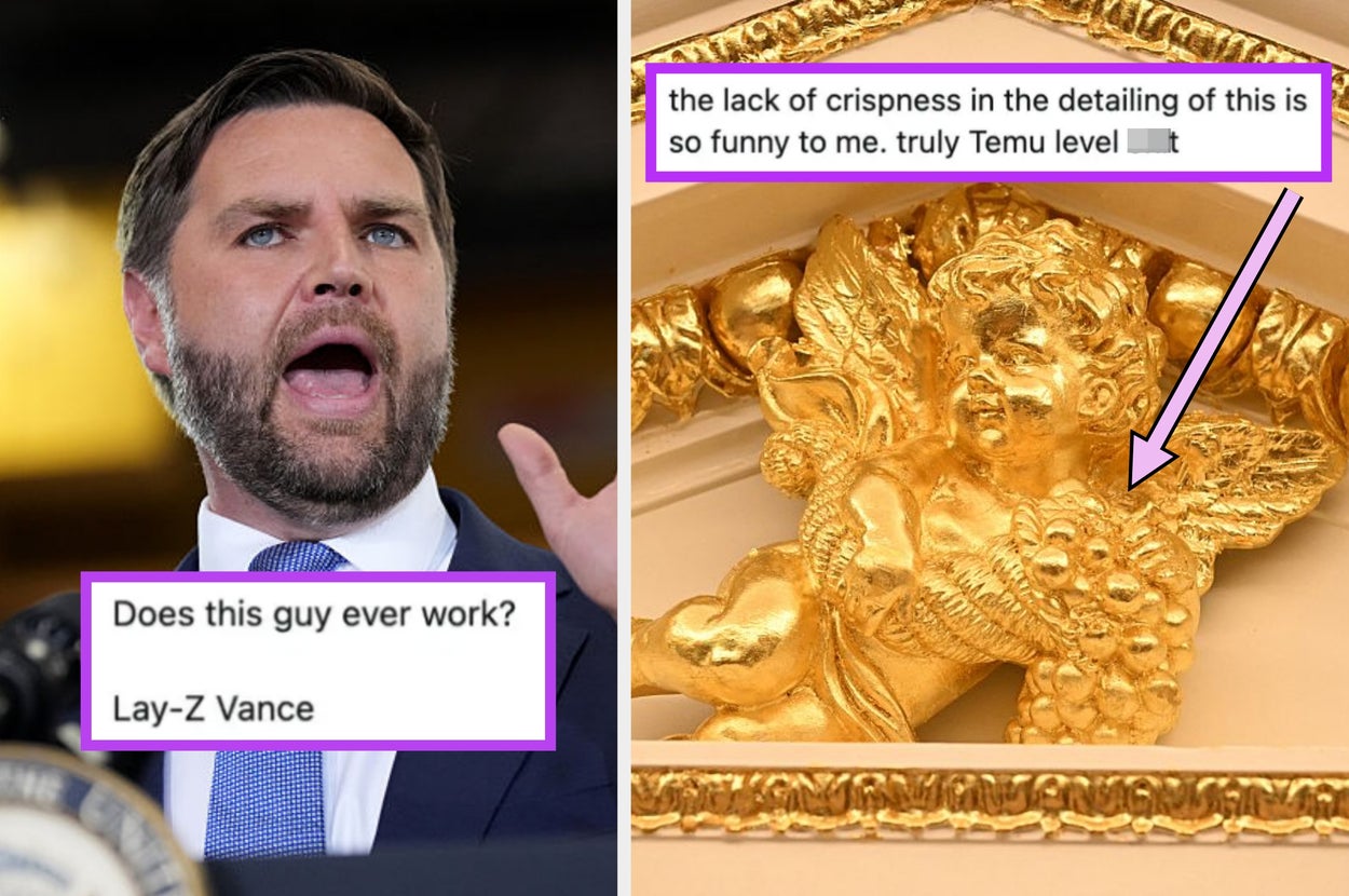 Man speaking passionately at a podium next to a commentary on the detailing of a decorative cherub statue