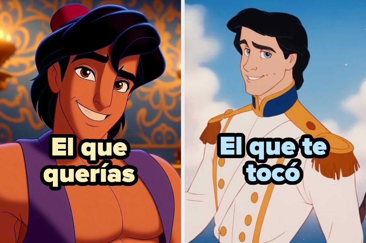 Imagen dividida: a la izquierda, un personaje animado con chaleco, sonriente; a la derecha, un príncipe animado con uniforme. Texto: "El que querías. El que te tocó."