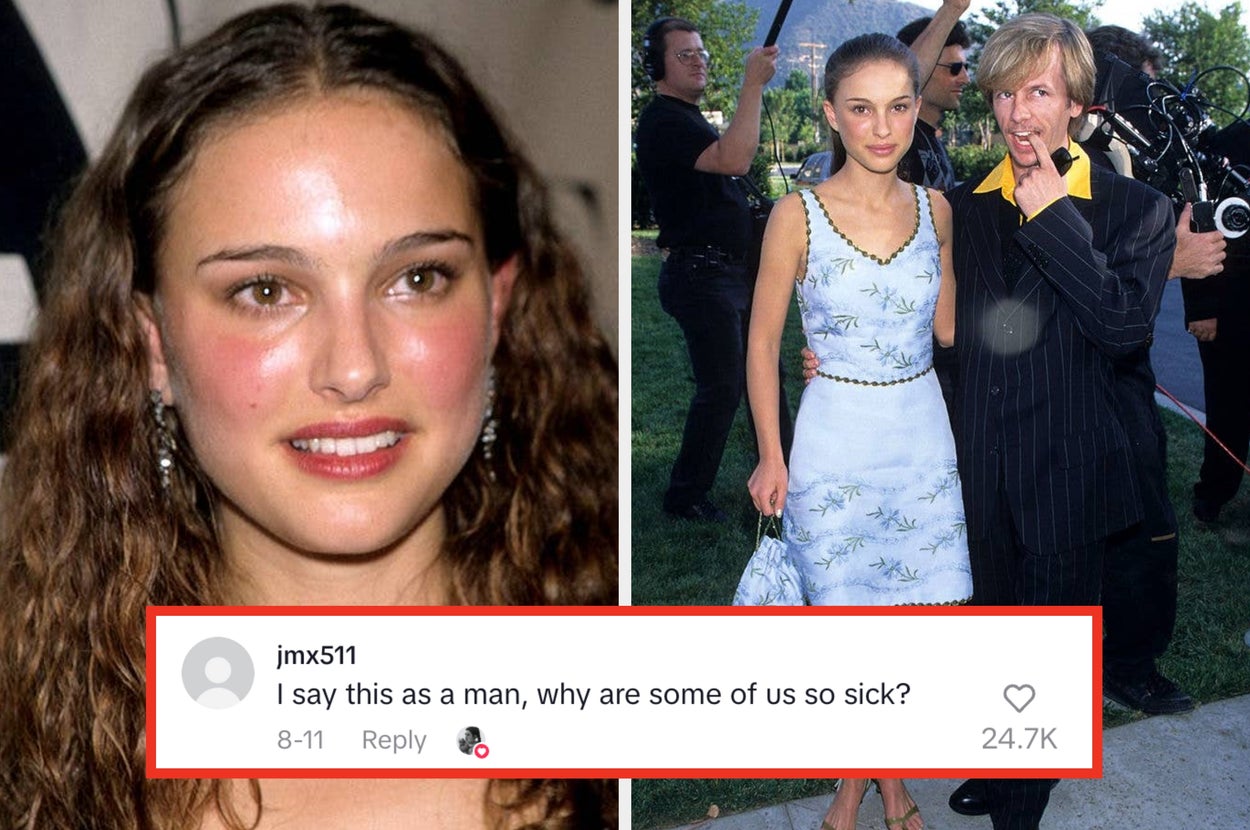 Two images: Left, a woman in a short dress sits on a talk show set. Right, same woman in a floral dress, posing with a person in a striped suit