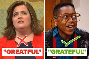Split image: Left shows woman with disapproving expression and "Greatful" spelled incorrectly. Right shows happy character with "Grateful" spelled correctly