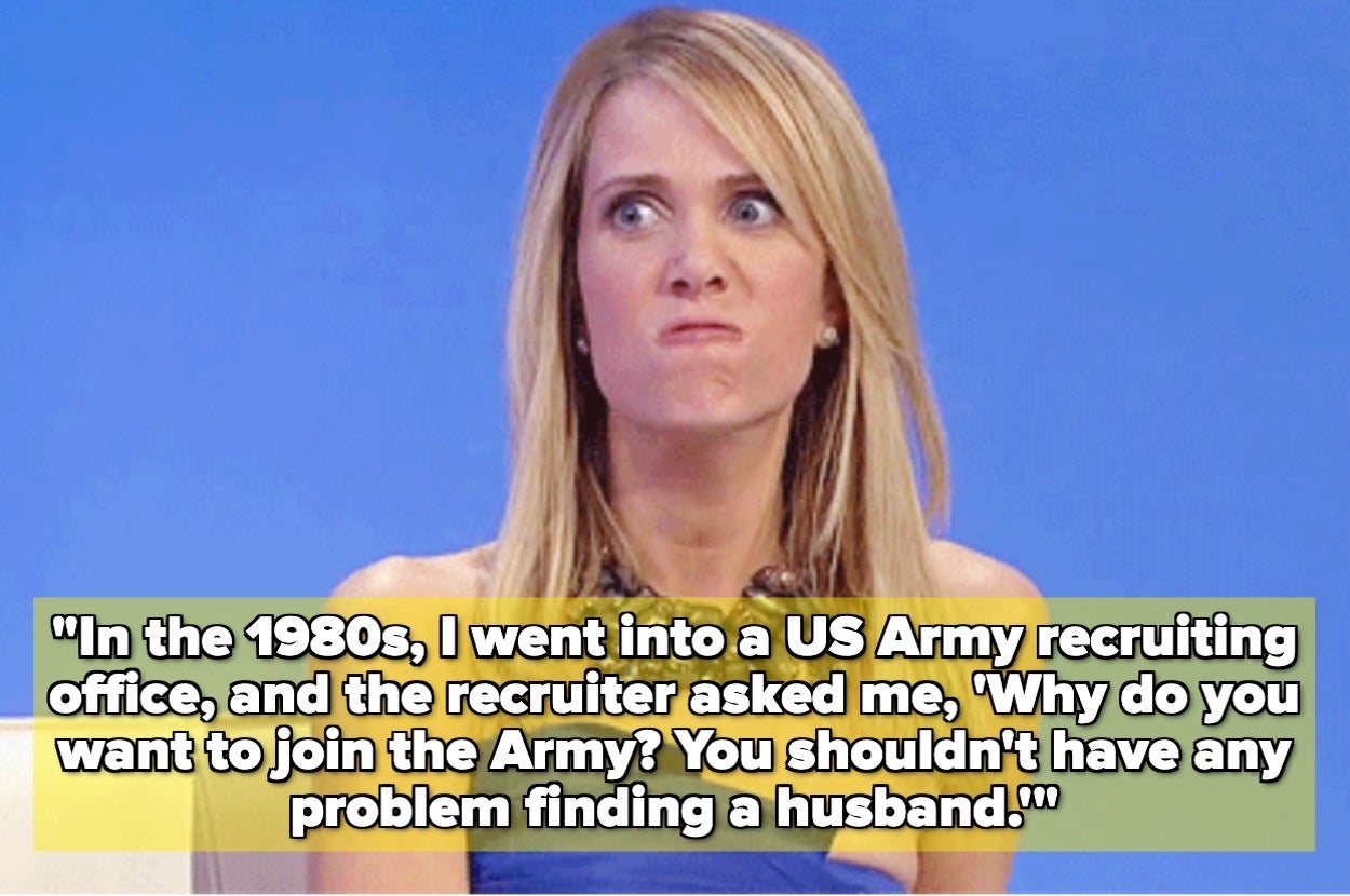 A woman looks surprised, with text on-screen about a 1980s Army recruiting experience highlighting a sexist comment