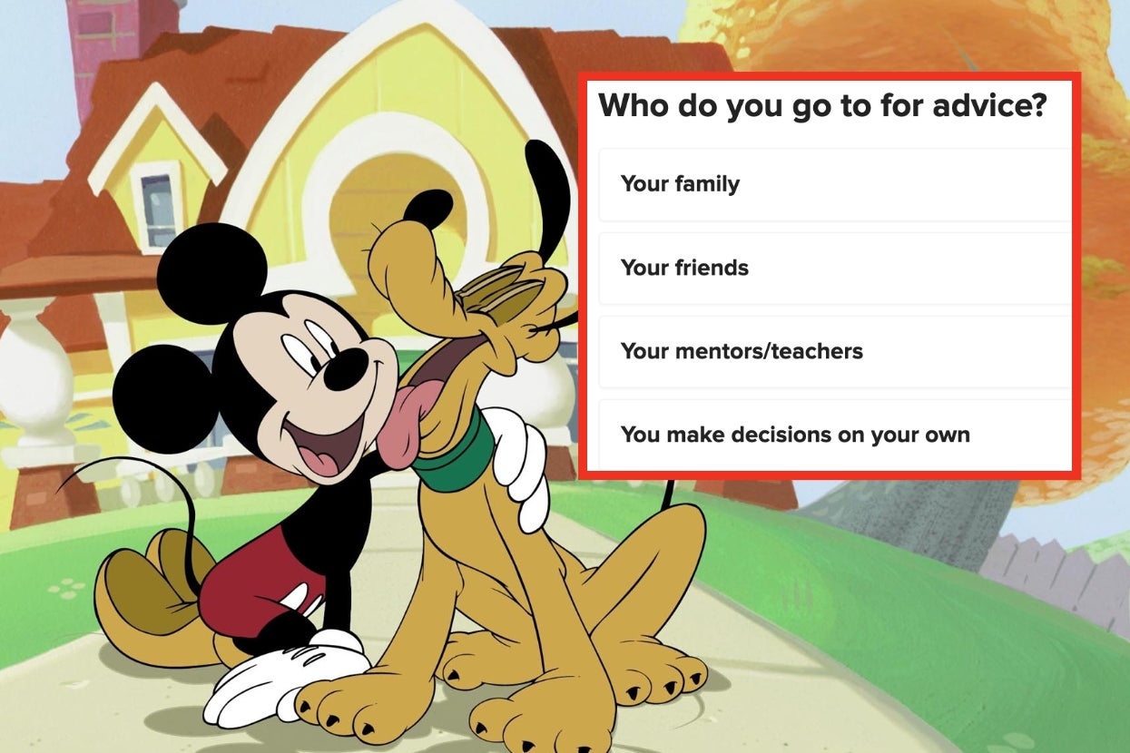 Mickey Mouse hugging Pluto with a poll question asking, "Who do you go to for advice?" Options: family, friends, mentors/teachers, or alone