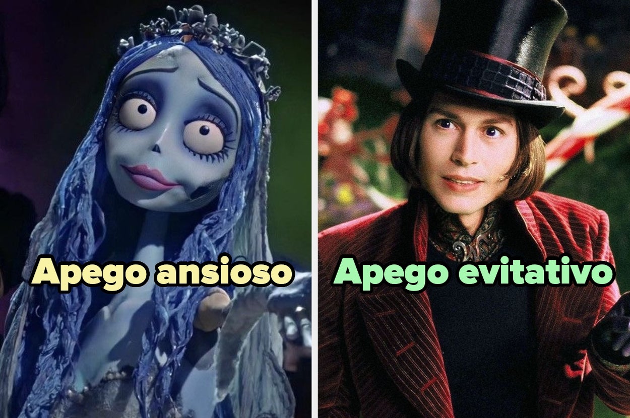 Imagen dividida de dos personajes animados con texto: "Apego ansioso" sobre el personaje de la izquierda y "Apego evitativo" sobre el de la derecha