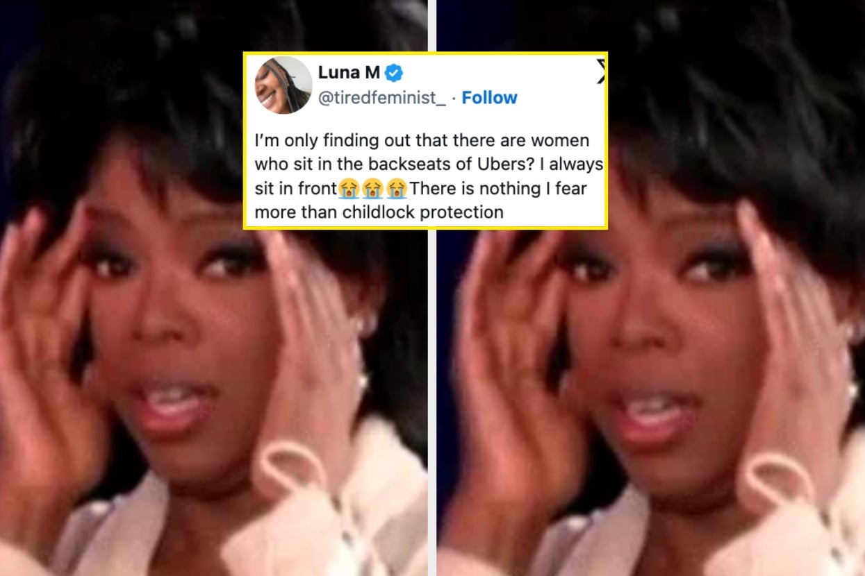 Image of a Oprah with a tweet mentioning sitting in the backseat of Ubers for safety and child lock concerns