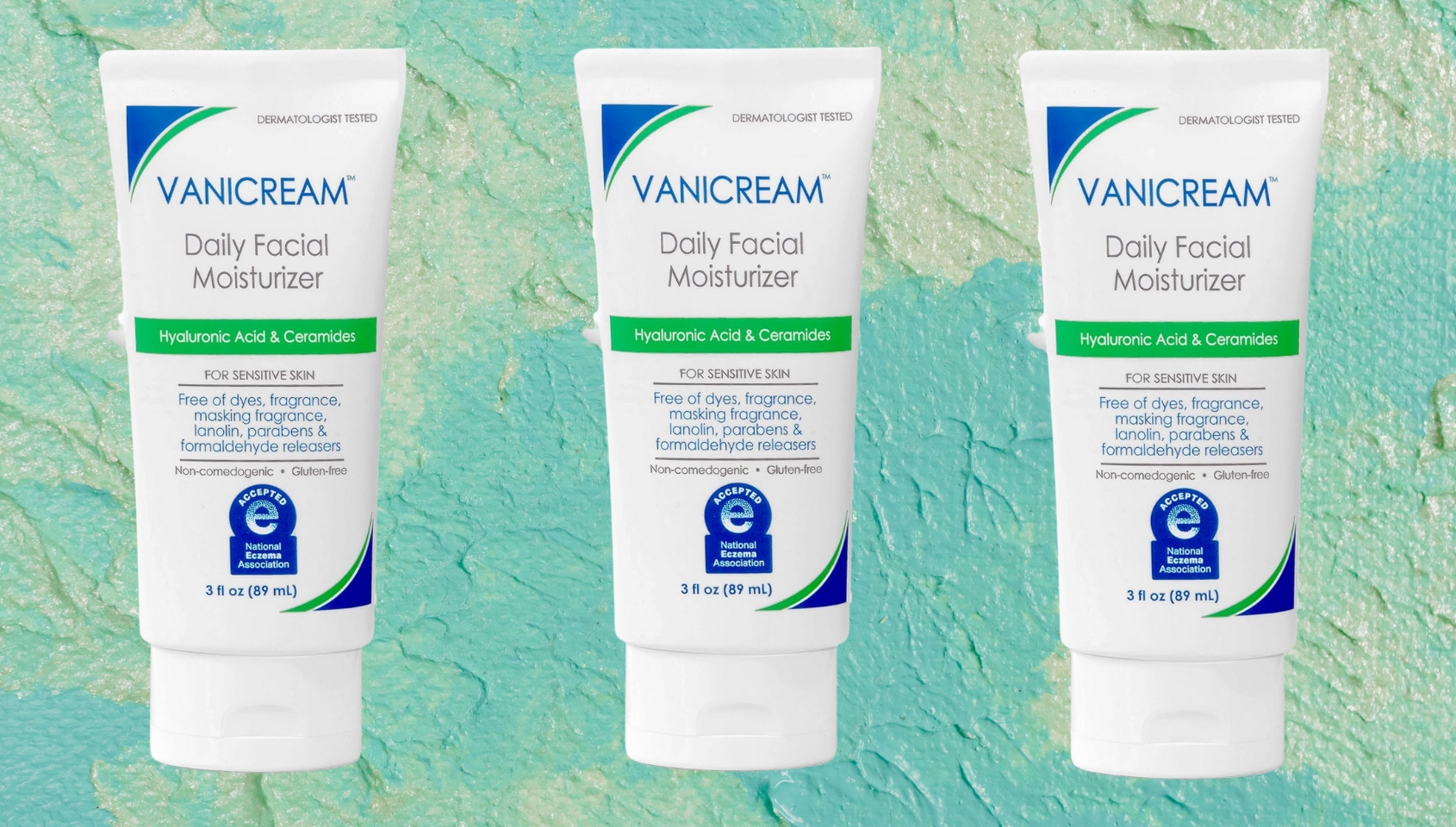 Three tubes of Vanicream Daily Facial Moisturizer are displayed, highlighting its hyaluronic acid and ceramides. Suitable for sensitive skin