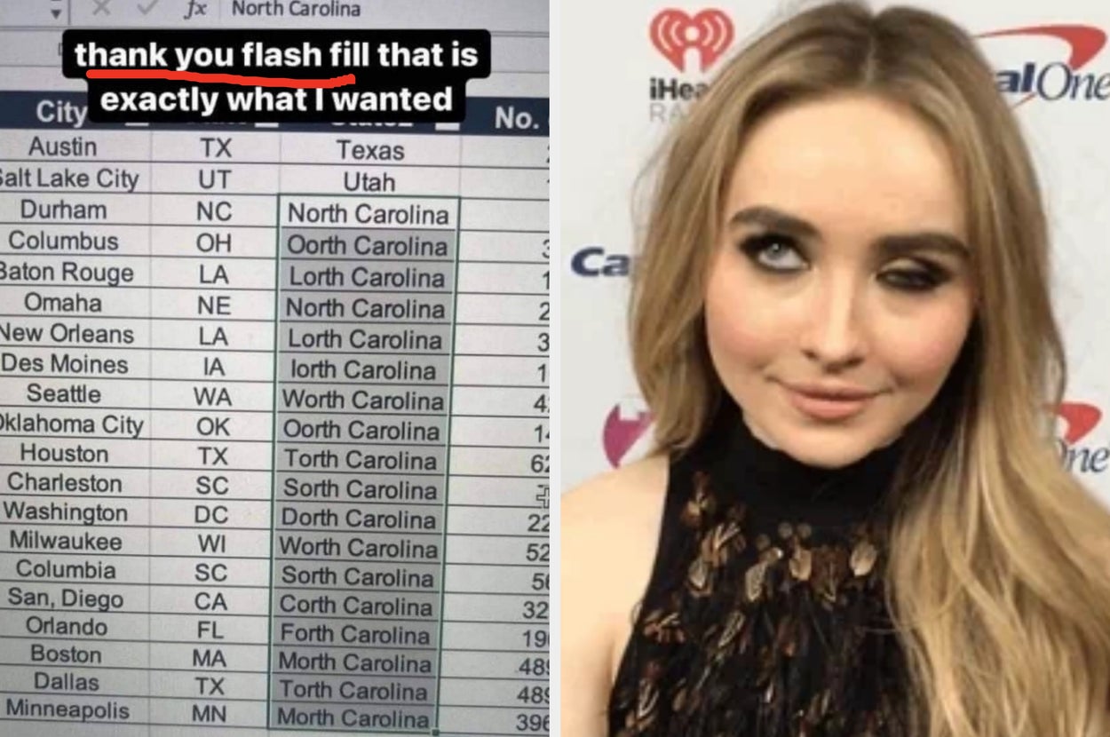 Spreadsheet error with repeated "North Carolina" text shown next to a humorous image of a person giving a side-eye expression