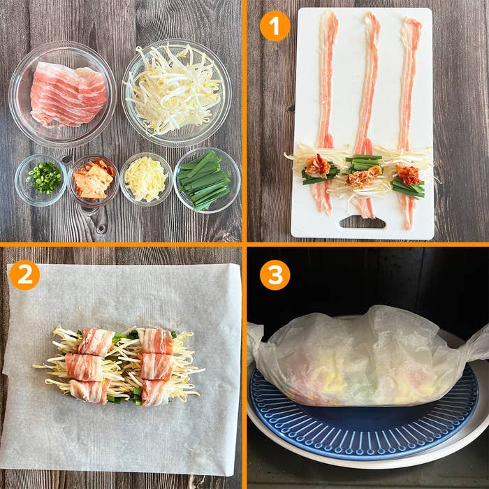 豚肉、もやし、食材が順番に並び、調理過程を示す3段階の画像。1.材料準備、2.巻いた状態、3.加熱中。