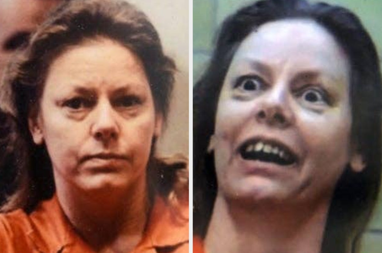 Two images of a woman with different expressions, one serious and one with a wide-eyed, open-mouth look
