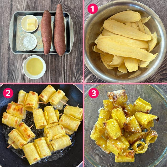 さつまいもと他の材料で調理したプロセスを示す3段階の画像。1:下準備、2:揚げ焼きにする過程、3:完成品。