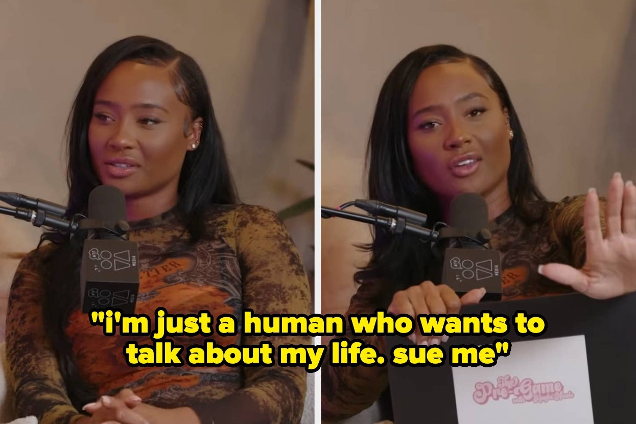 Two photos of Kayla Nicole speaking on a podcast. Text: "i'm just a human who wants to talk about my life. sue me"