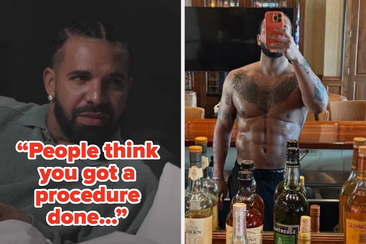 Two images: Left shows a person in a casual setting. Right shows the same person taking a shirtless mirror selfie surrounded by bottles