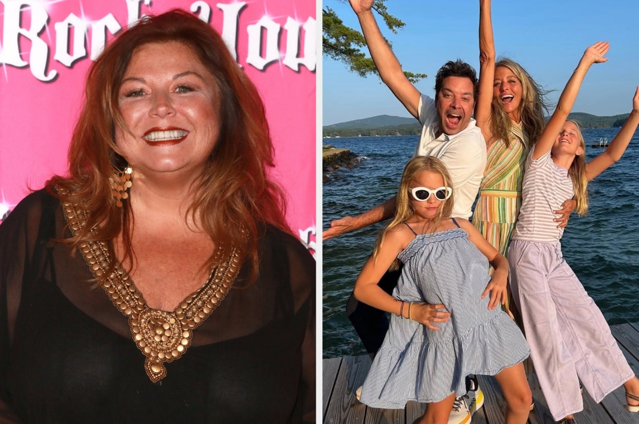 Left: Abby Lee Miller at an event. Right: Jimmy Fallon and his family posing playfully by a lake