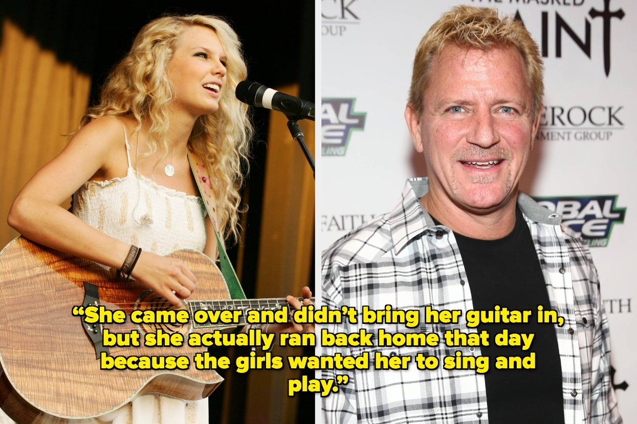 On left, a woman performs with a guitar. On right, a man in a checkered shirt. Text: She sang and played guitar for girls after getting it from home
