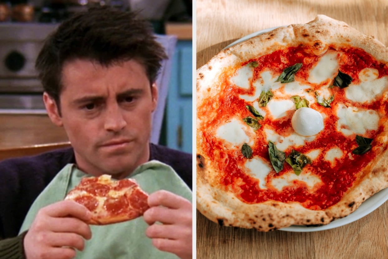 Person holding a small pizza looking puzzled, next to an image of a larger, classic Margherita pizza on a plate