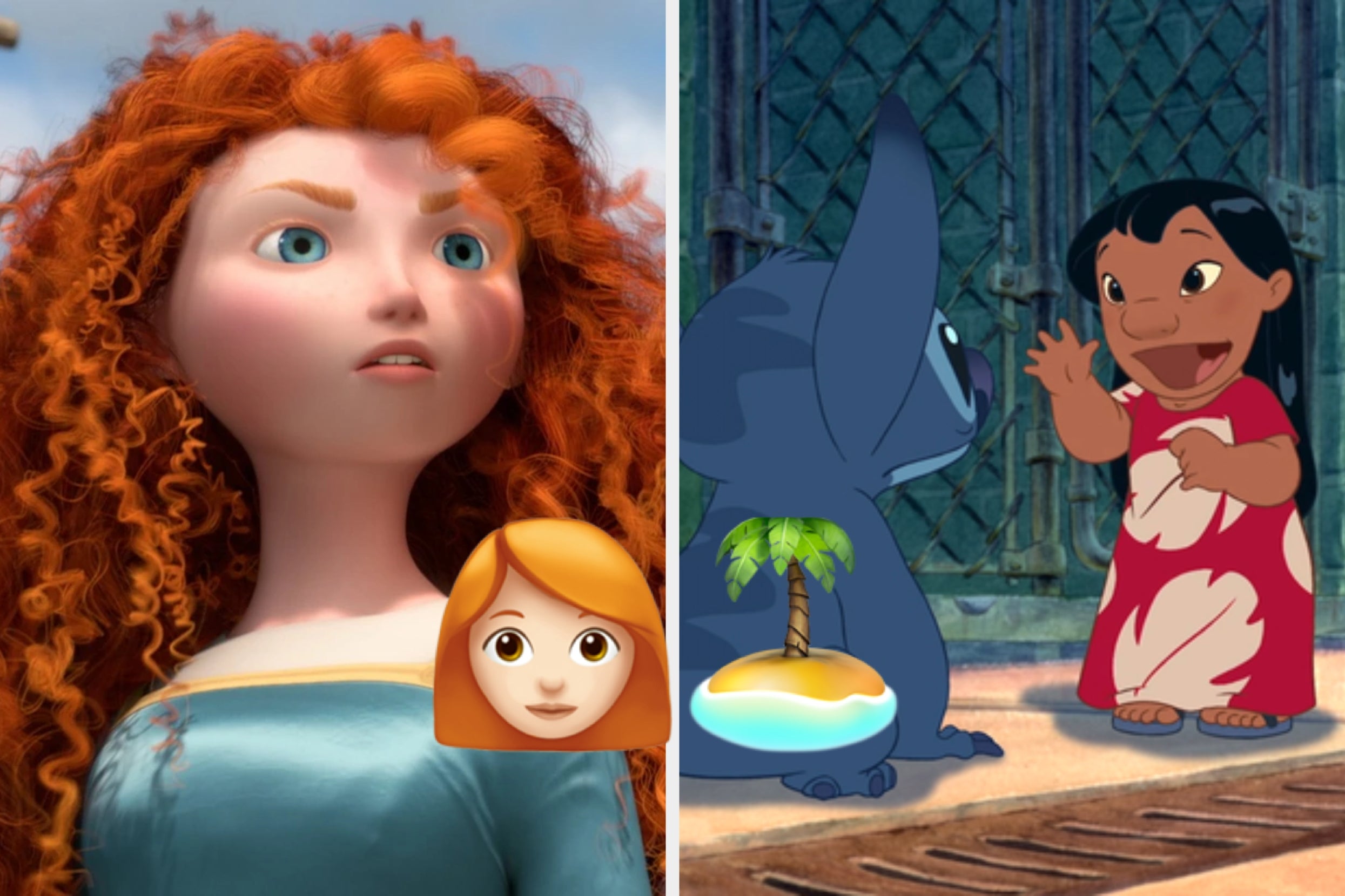 Animated girl with curly hair from "Brave" on left. On right, girl and alien from "Lilo & Stitch" interacting indoors