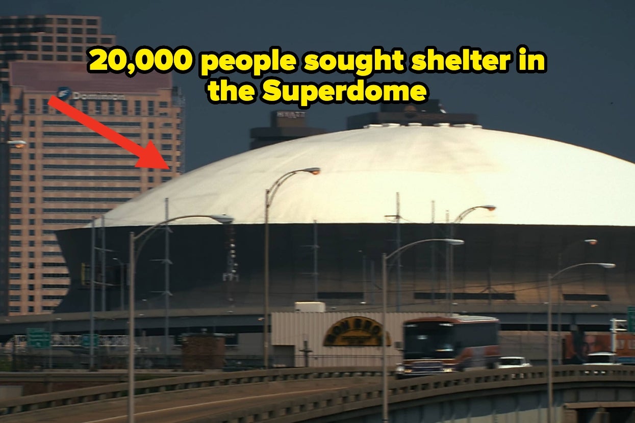 Superdome with text "20,000 people sought shelter in the Superdome," and an arrow pointing to it