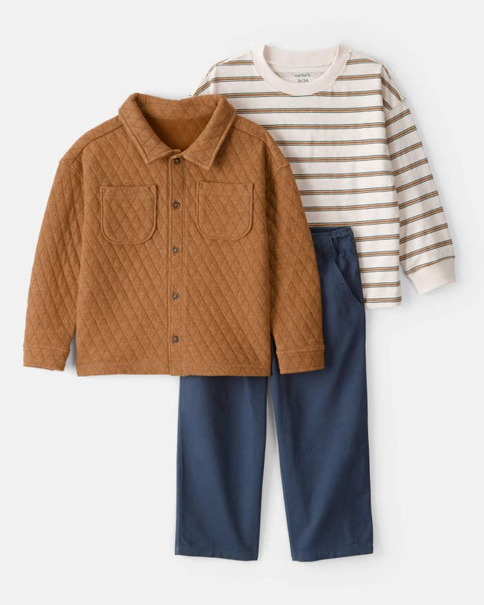 Quilted overgarment with ample pockets, striped long-sleeve shirt, and bluish pants set, styled for children's casual wear
