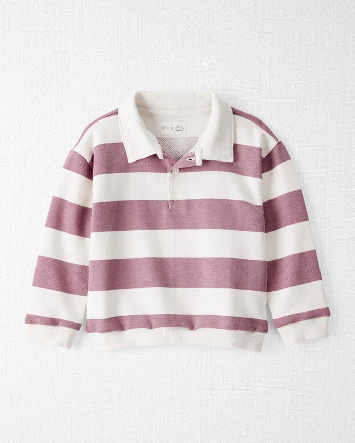 Striped long-sleeve pullover garment with a collar and button-down front, designed successful wide horizontal stripes