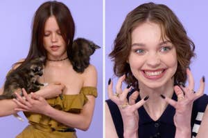 Two women, one holding kittens in a strapless dress, the other smiling and gesturing with her hands, both appearing lively and engaged
