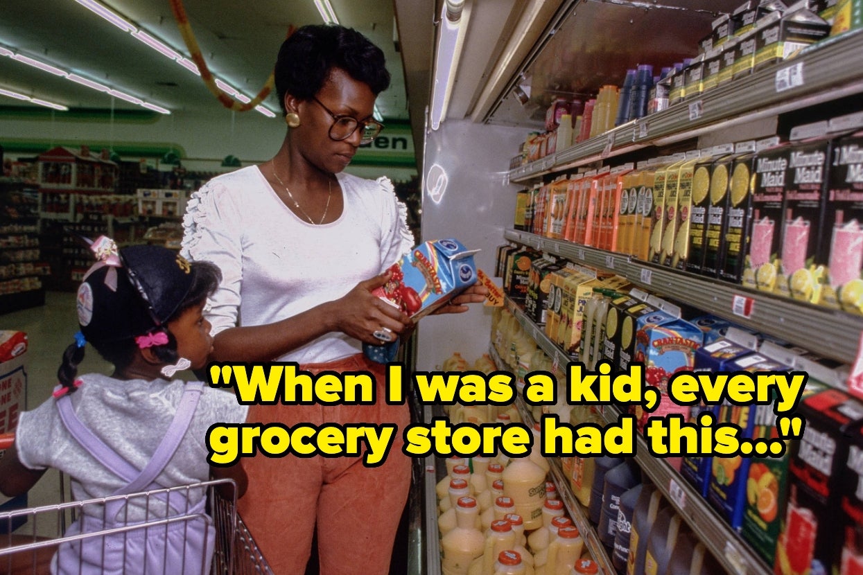 A woman shops in a grocery aisle with a child. She examines a product while the child sits in a cart. Text reads: "When I was a kid, every grocery store had this..."