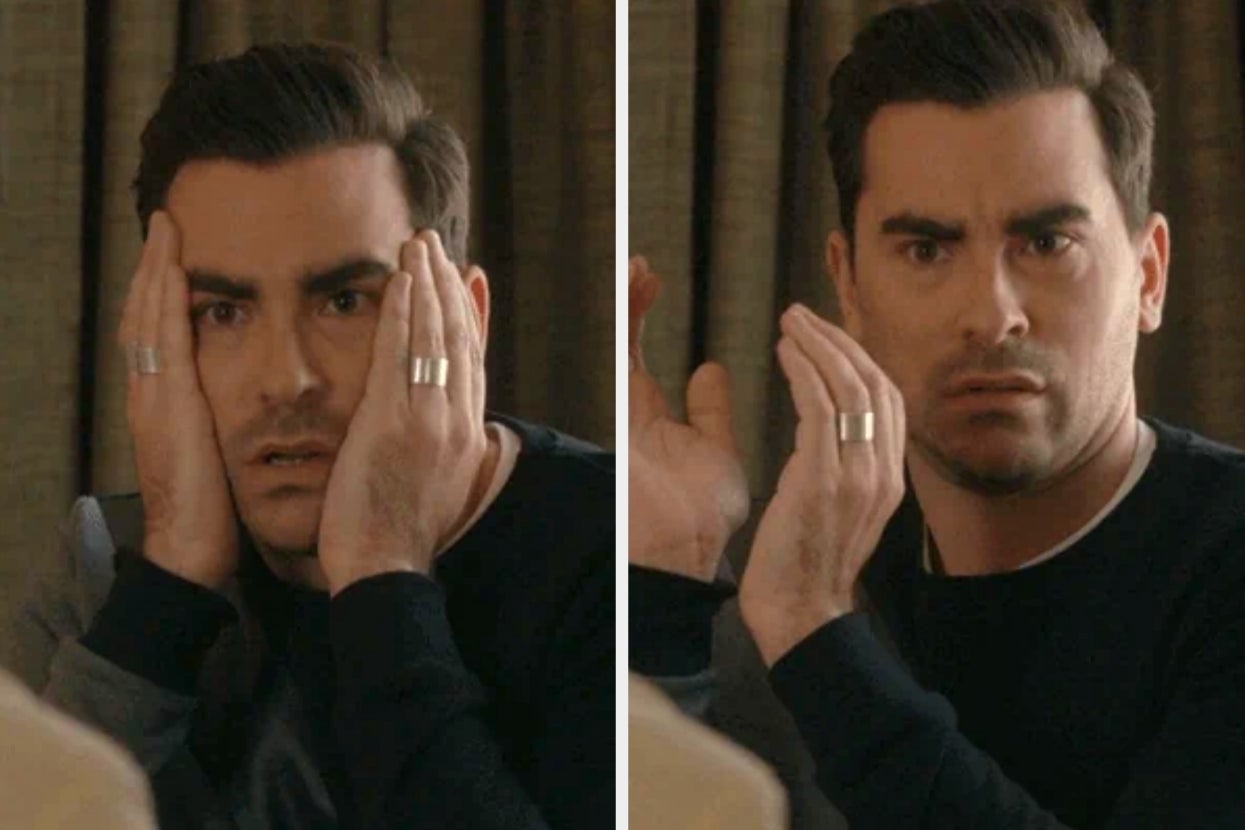 Person holding their face with wide-eyed surprise, wearing casual clothing and rings, in a split-frame image showing a consistent expression