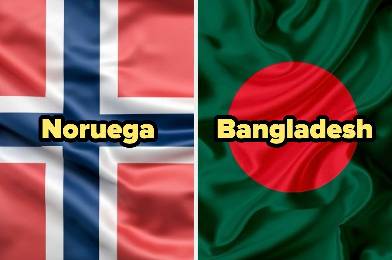 Noruega and Bangladesh flags side by side with their names written on them in bold