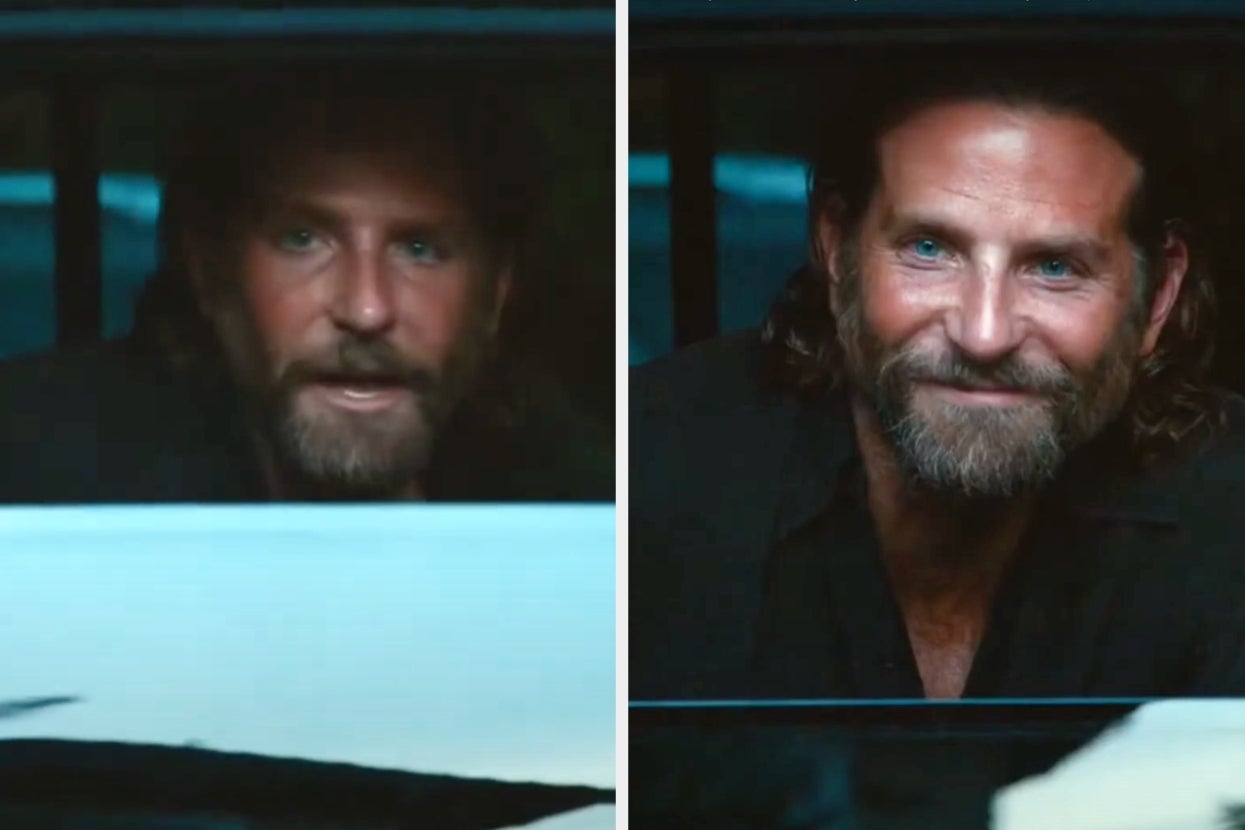 A man with long hair and a beard is seen in a car, looking toward the camera with a neutral expression in one image and smiling in the other