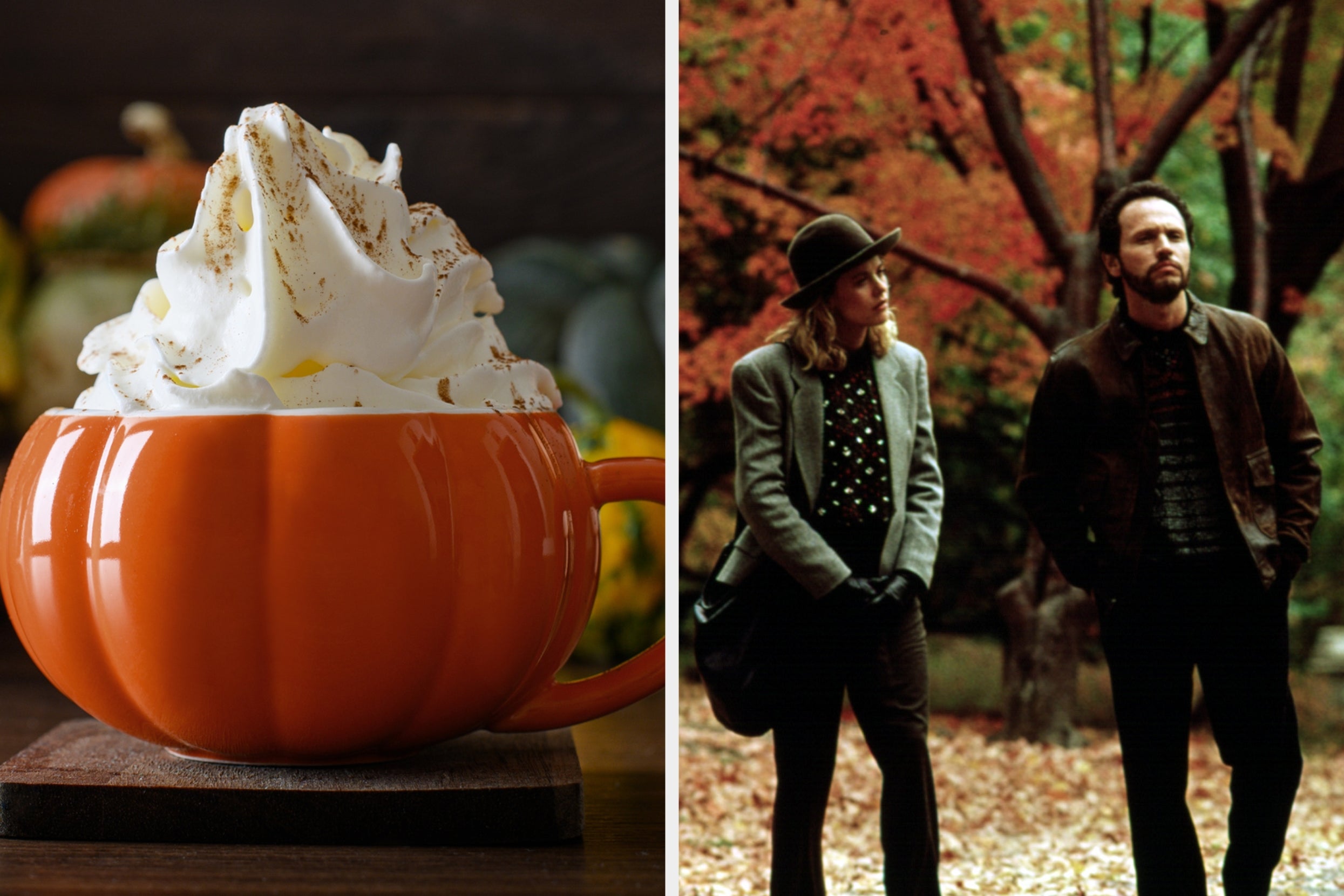 Pumpkin-shaped mug with whipped cream; two people in fall attire walking through a park with autumn leaves