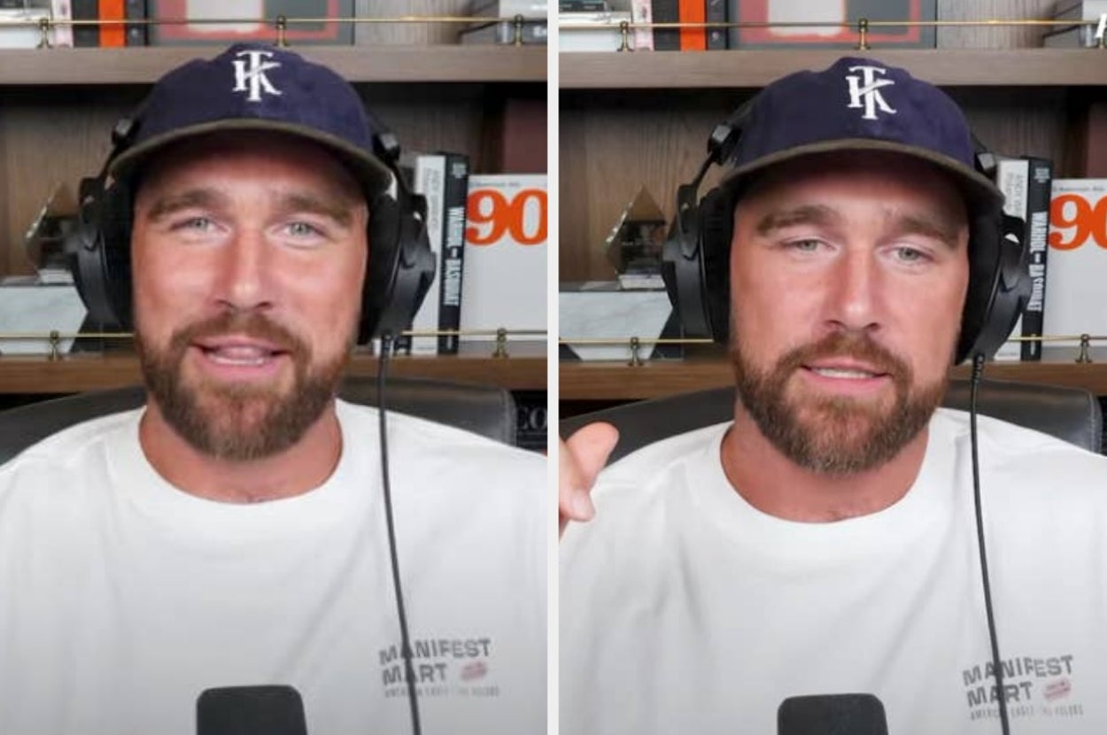 Man wearing a baseball cap and headphones, speaking on a podcast in a casual setting