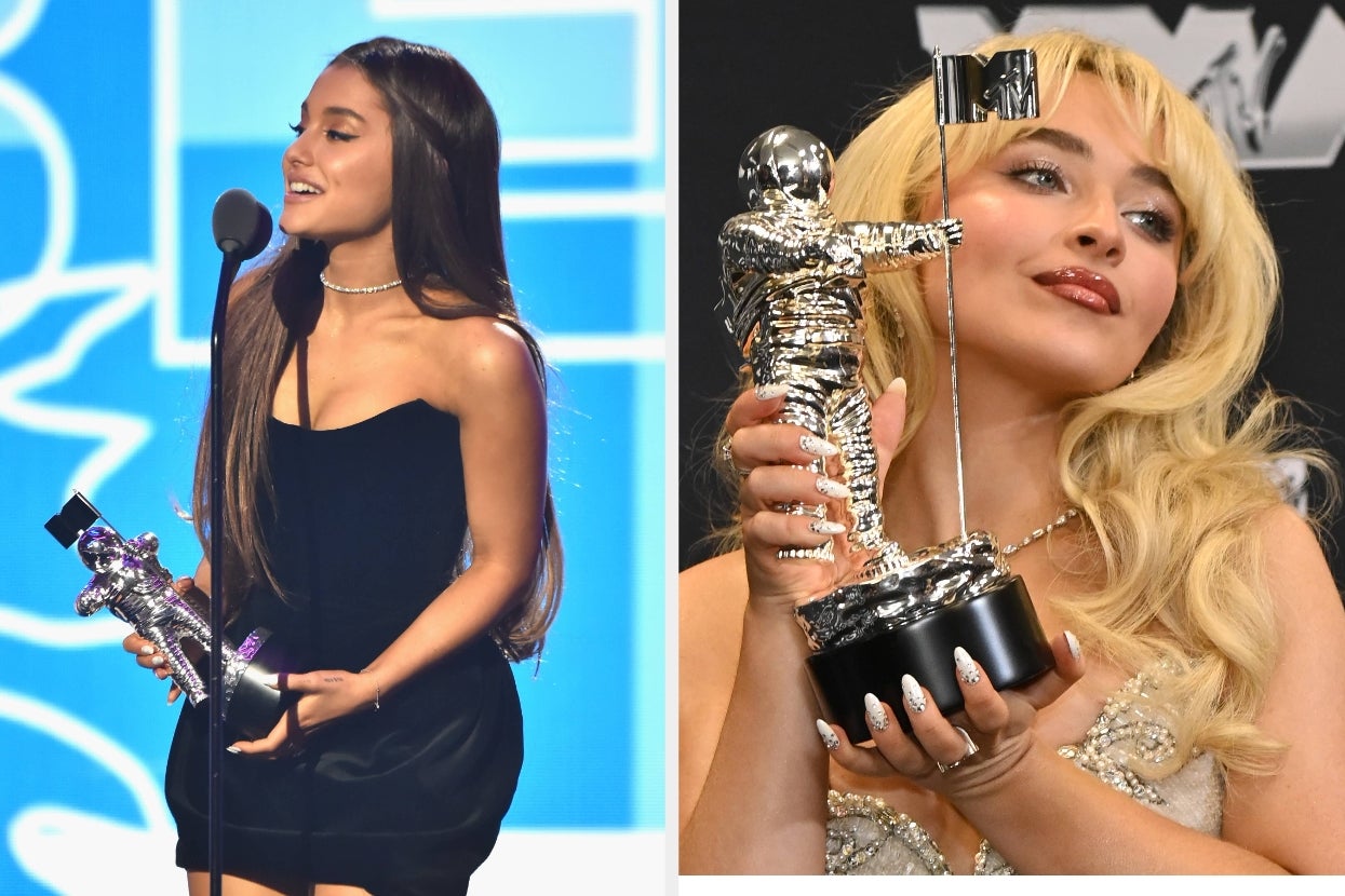 Ariana Grande onstage in a strapless dress holding a VMA award vs Sabrina Carpenter holding an VMA trophy in an embellished gown
