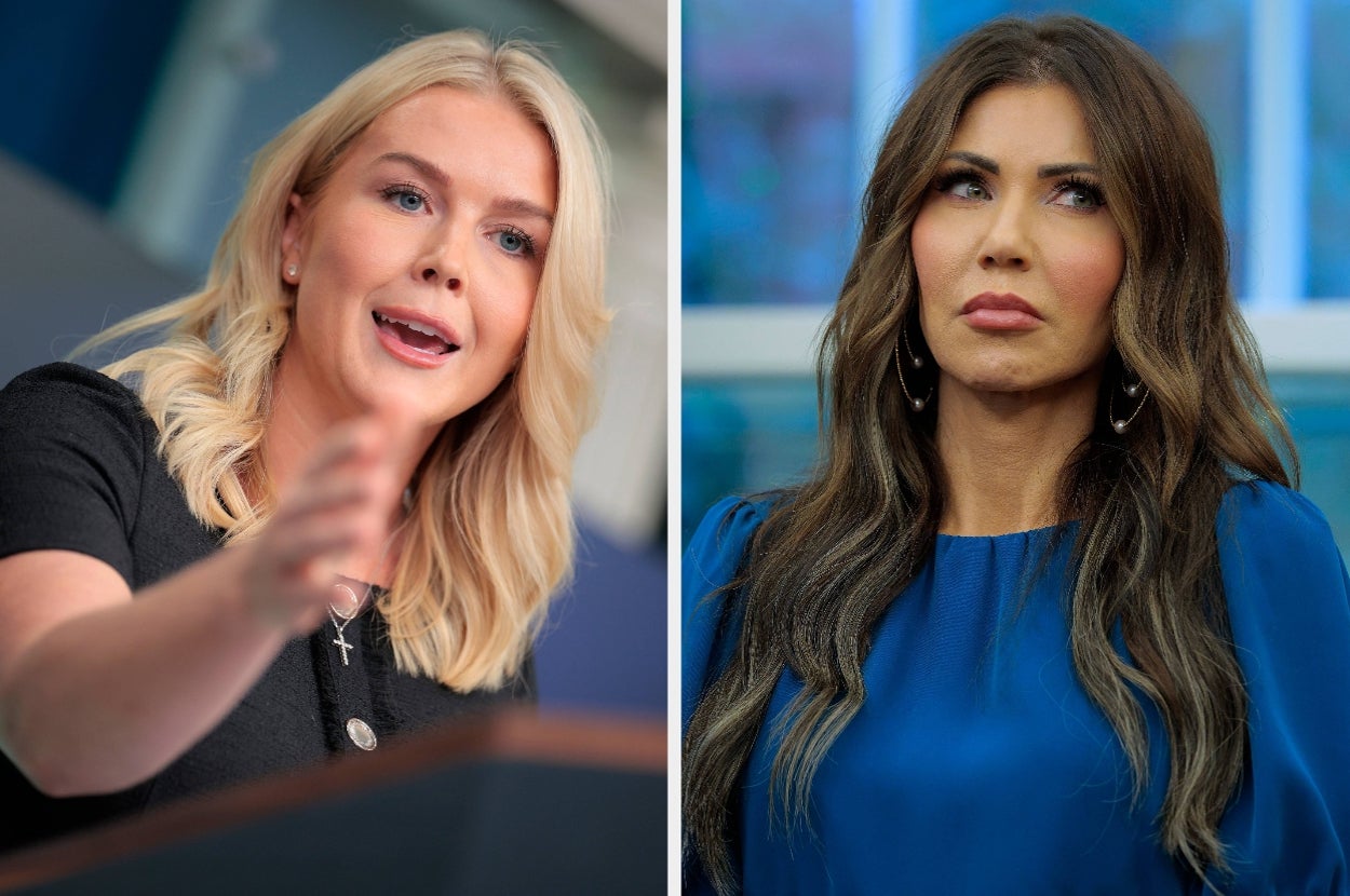 Two women in separate images: one speaking at a podium, the other looking upward. Both have styled long hair and elegant attire