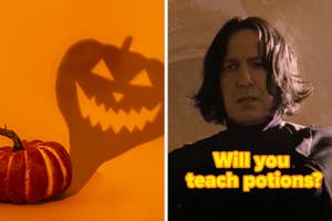 A pumpkin with a spooky face shadow. Next to it, a person looks at the text "Will you teach potions?"