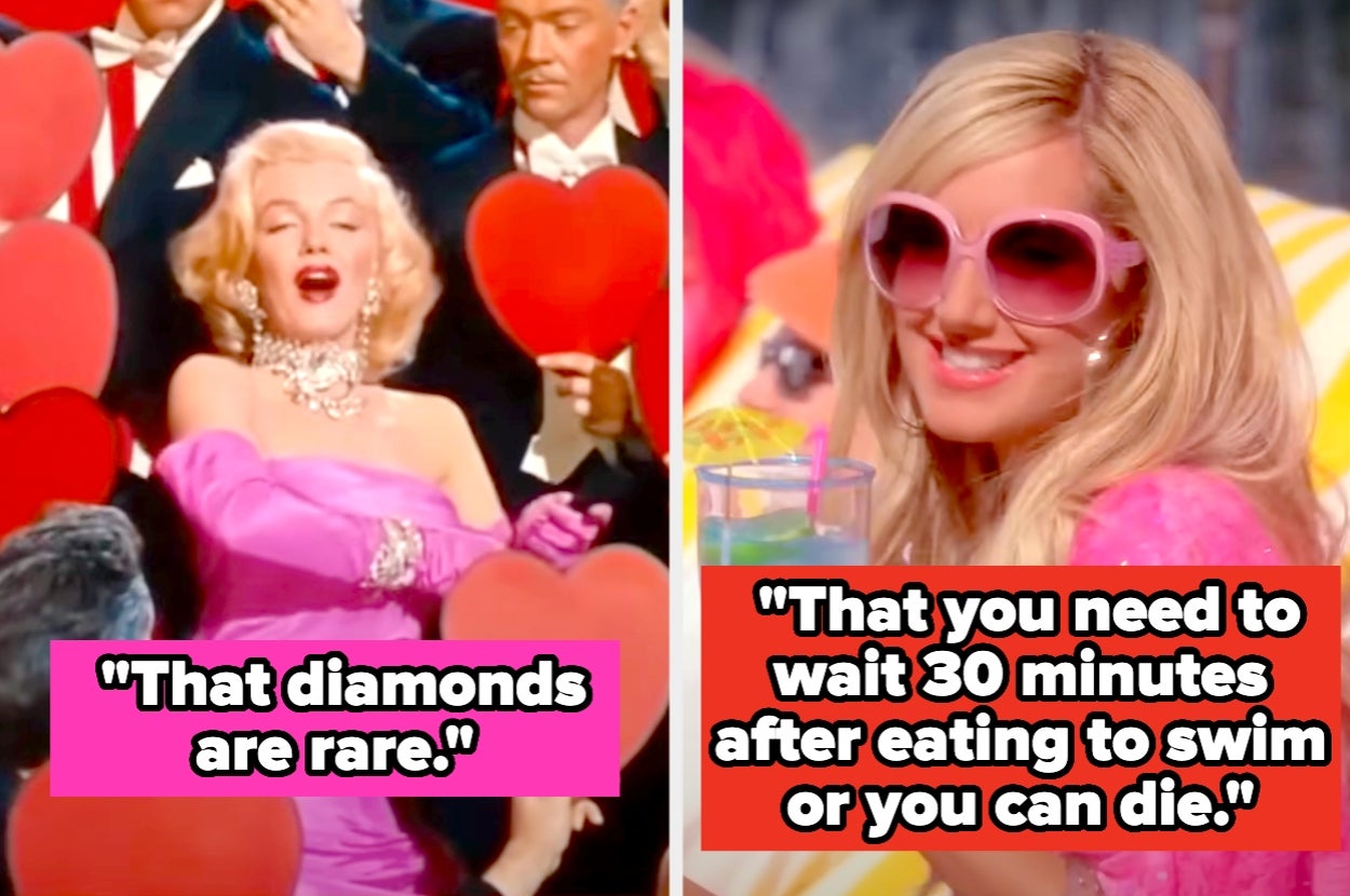Left: Person in elegant gown with hearts, singing. Right: Person in pink sunglasses, smiling with drink. Quotes on myths about diamonds and swimming
