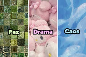 Mosaico verde etiqueta "Paz", peluches rosados etiqueta "Drama", peces nadando etiqueta "Caos"