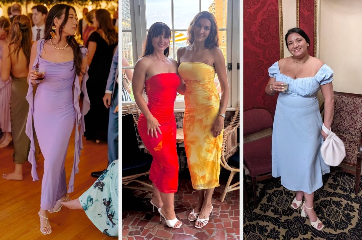 Three people in elegant dresses pose. Left: lavender dress, middle: red and orange strapless dresses, right: light blue dress. All are holding drinks