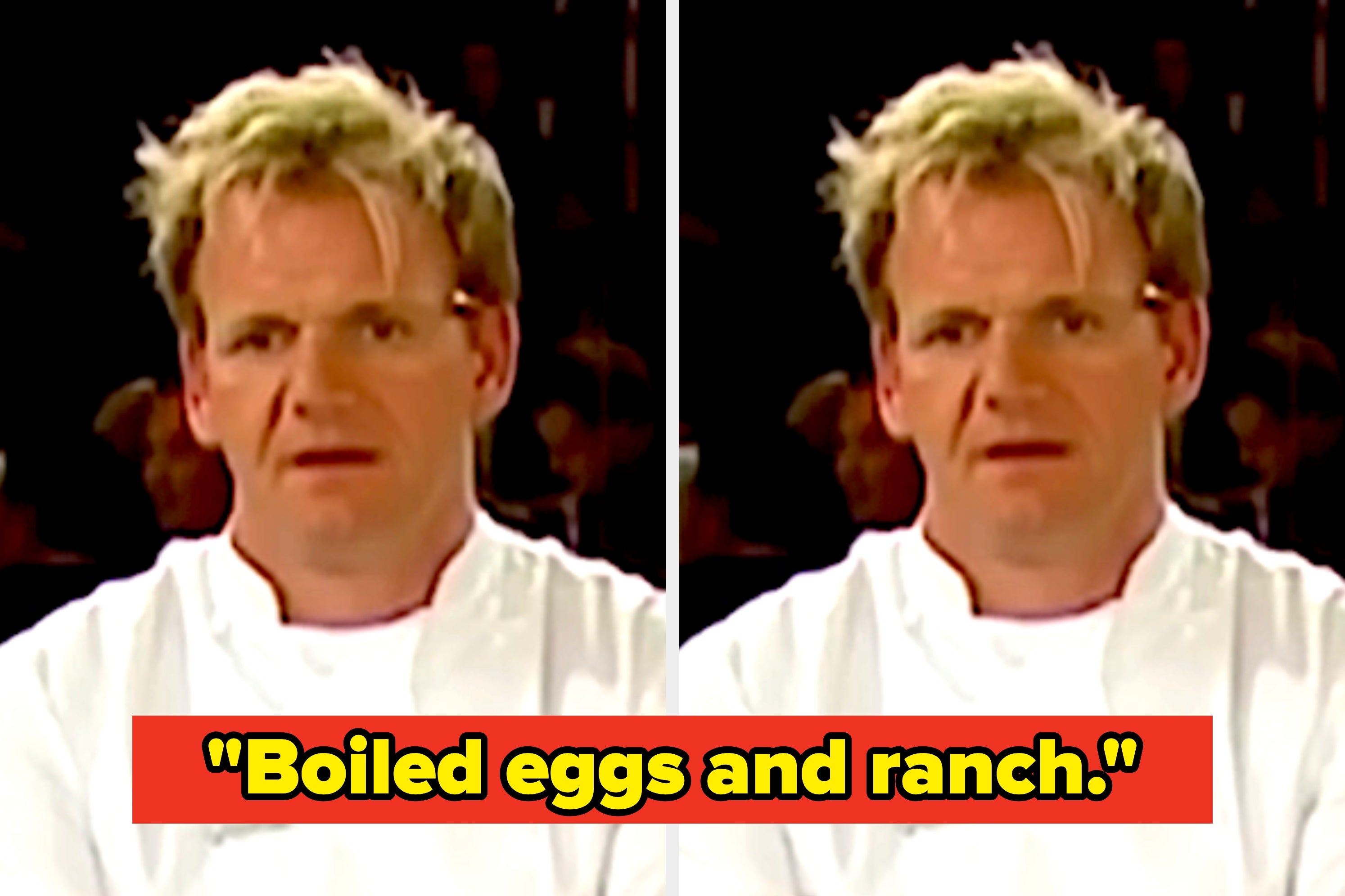 A chef in a white uniform appears shocked or surprised with eyes wide open, captured in two side-by-side images