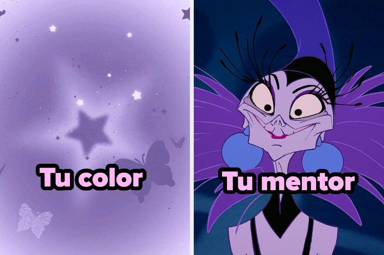 Mariposas y estrellas a la izquierda; Yzma con expresión intrigante a la derecha. Texto: "Tu color" y "Tu mentor"