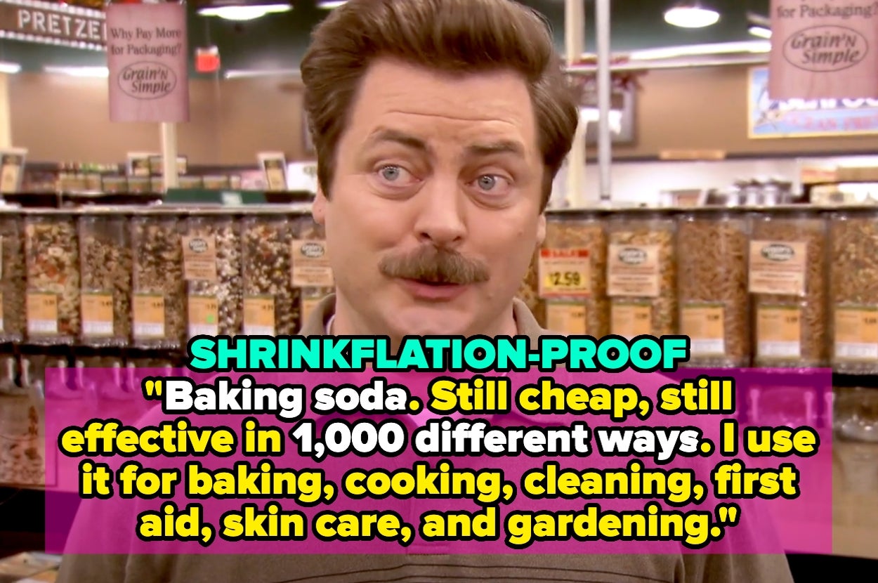 Man in grocery aisle with jars behind him. Text: "Baking soda. Still cheap, still effective in 1,000 ways. Baking, cooking, cleaning, first aid, skincare, gardening."