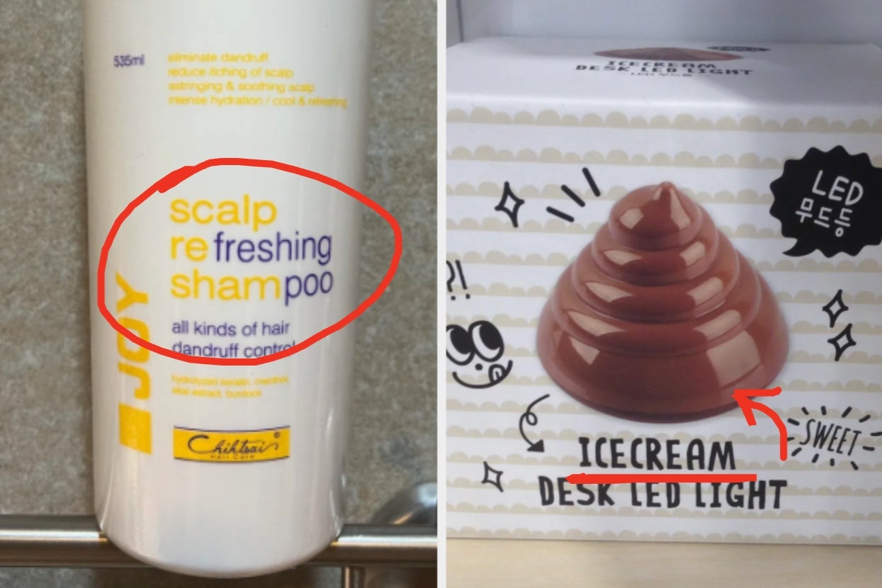 Shampoo labeled "scalp refreshing shampoo" with a typo circled; dessert-shaped LED light labeled "ice cream desk light" with a playful design