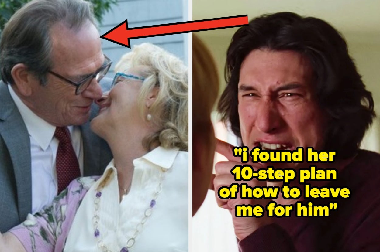 Two people embrace affectionately on the left; another person appears upset on the right with text saying, "I found her 10-step plan of how to leave me for him."