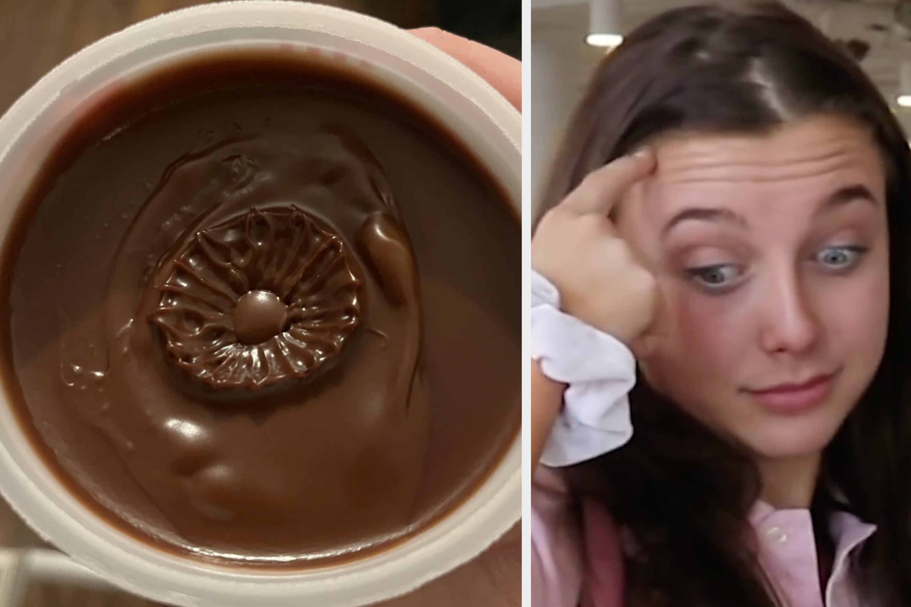 Close-up of a chocolate spread with an impression resembling a swirl next to a person expressing surprise with a playful gesture