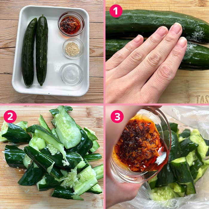 きゅうりのレシピ手順:1. きゅうりをたたく。2. 小さく切る。3. 調味料をかける。