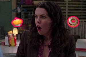 Person in shock stands in a diner with a cartoon pie and doughnut floating beside them