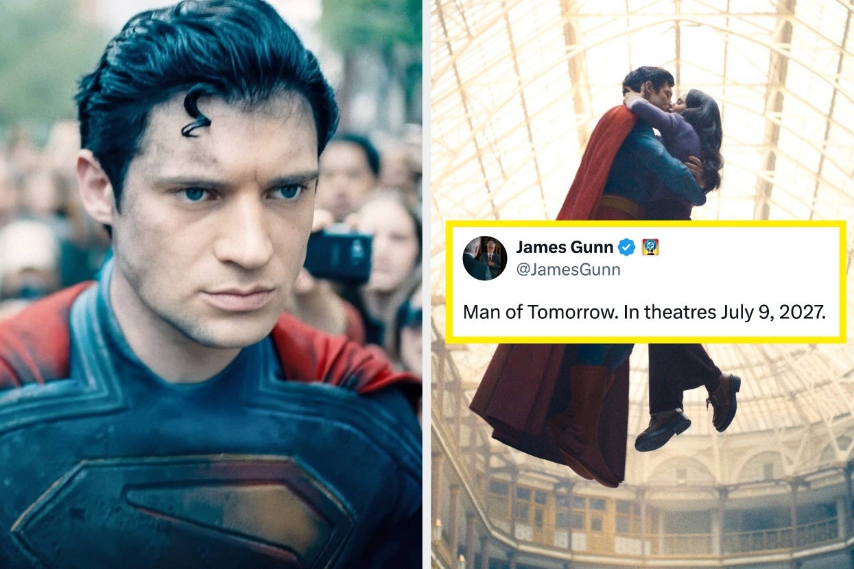 Two stills of Superman and Superman and Lois; next to a tweet by James Gunn announcing "Man of Tomorrow" film release on July 9, 2027