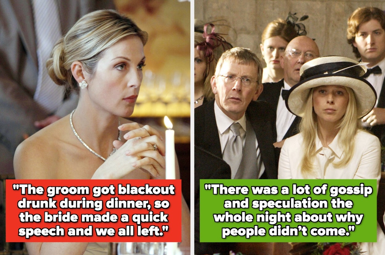Two-part image. Left: Woman at a wedding, concerned. Right: Guests look surprised. Overlaid text shares shocking wedding gossip and speculation